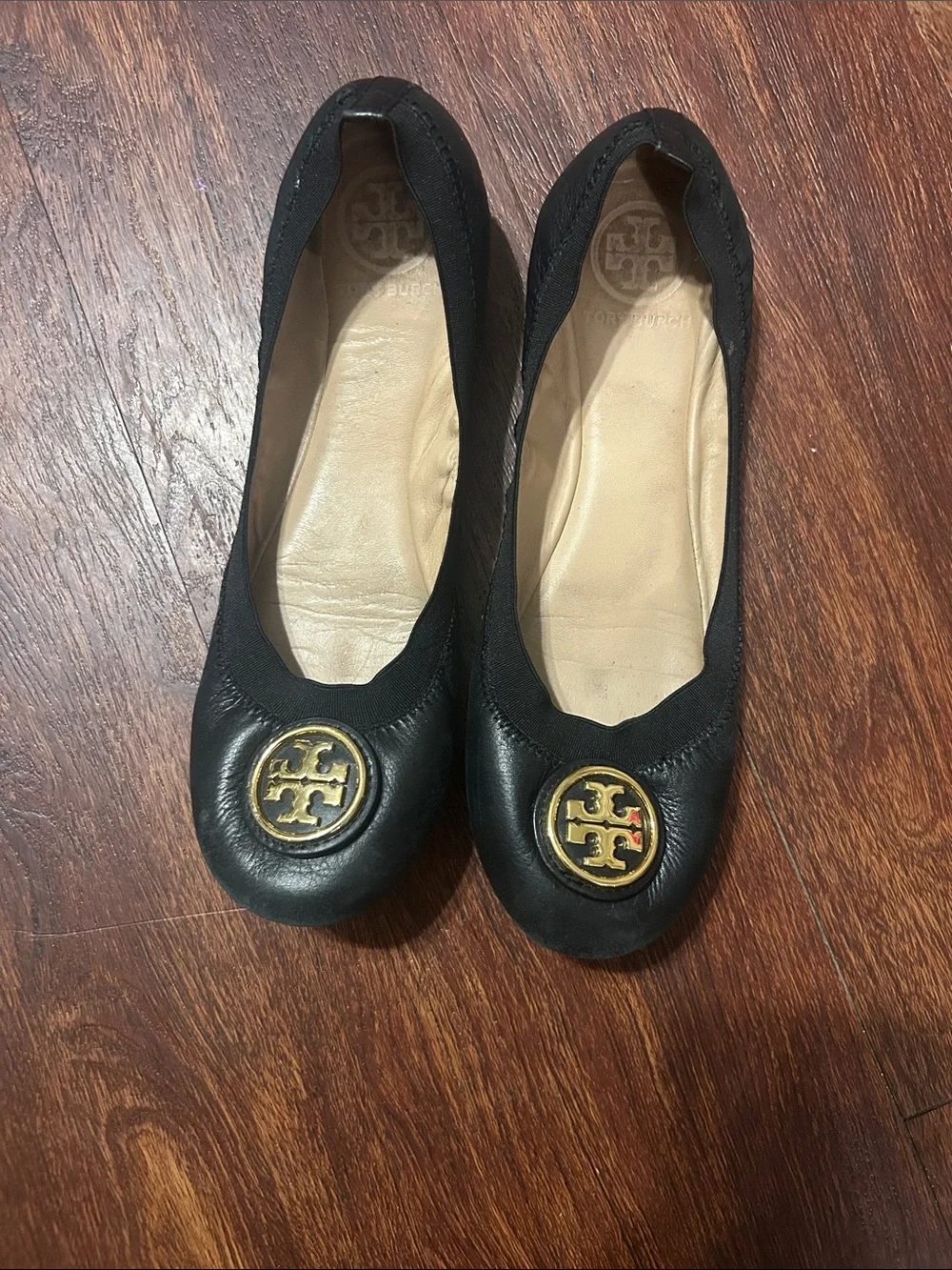 Tory Burch Black Leather Ballet Flats with Gold Logo Medallion